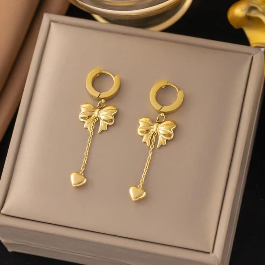 Bow and Heart Drop Huggie Studs
