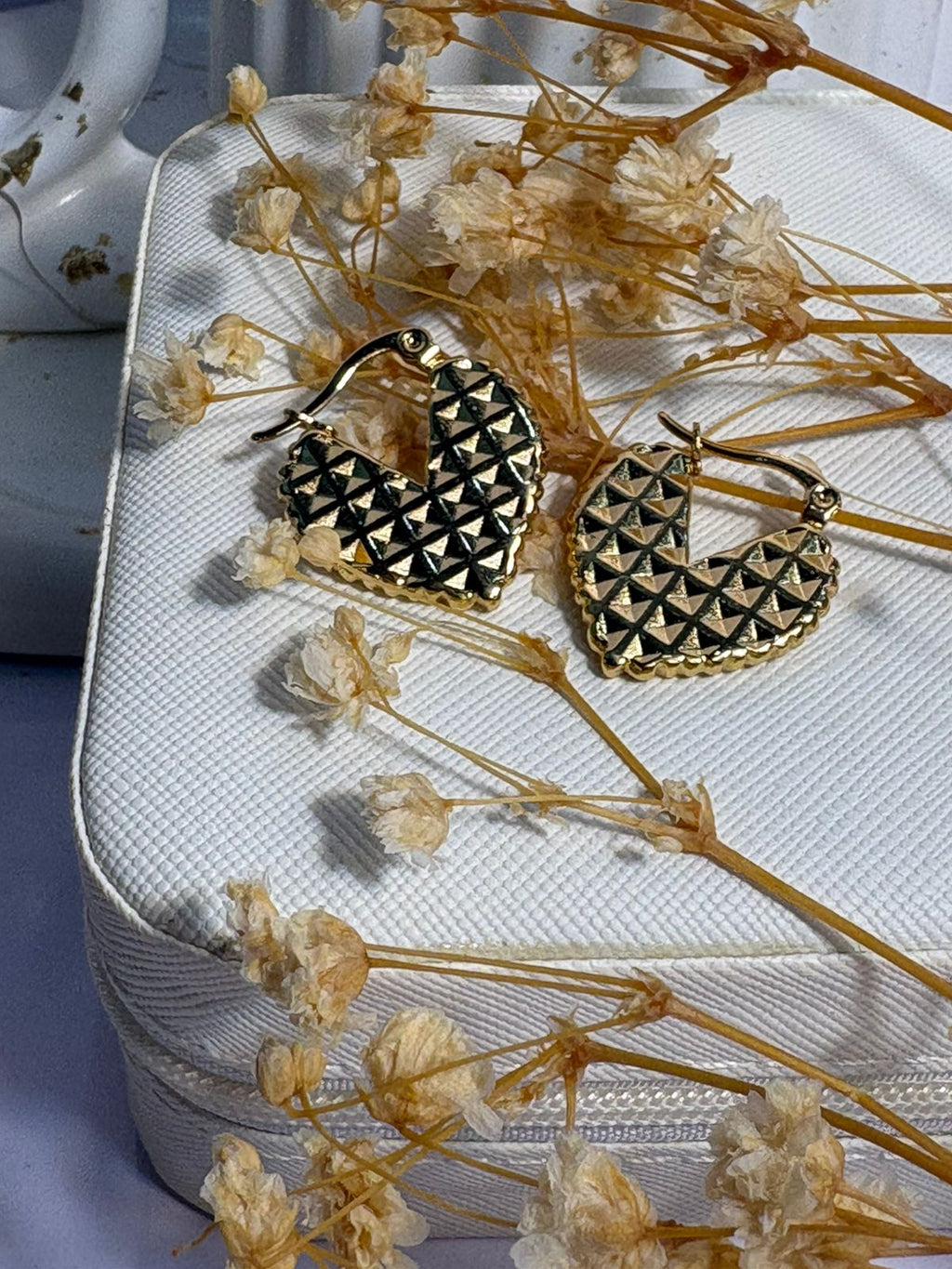 Gold Pyramid Textured Heart Hoops