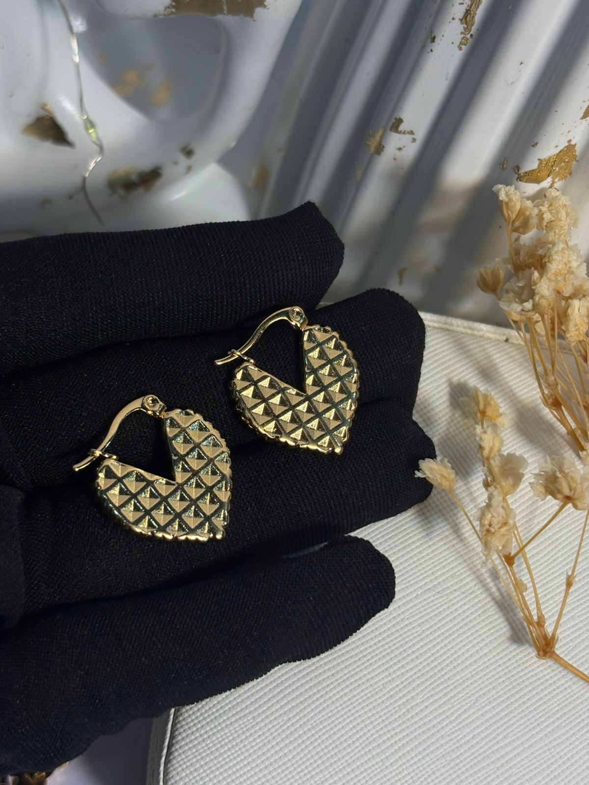 Gold Pyramid Textured Heart Hoops