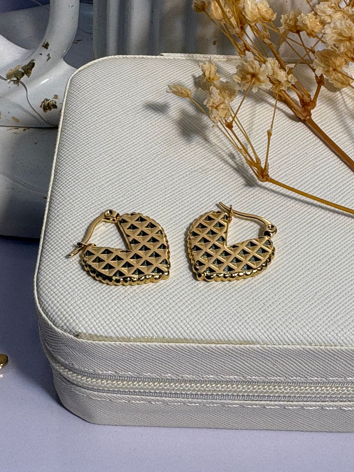 Gold Pyramid Textured Heart Hoops