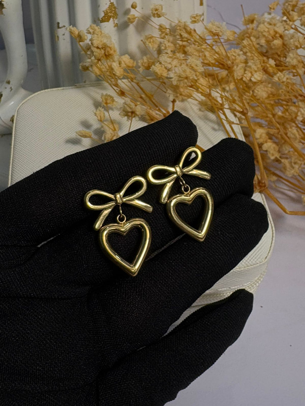 Gold Bow and Heart Drop Earrings