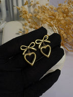 Gold Bow and Heart Drop Earrings