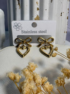 Gold Bow and Heart Drop Earrings