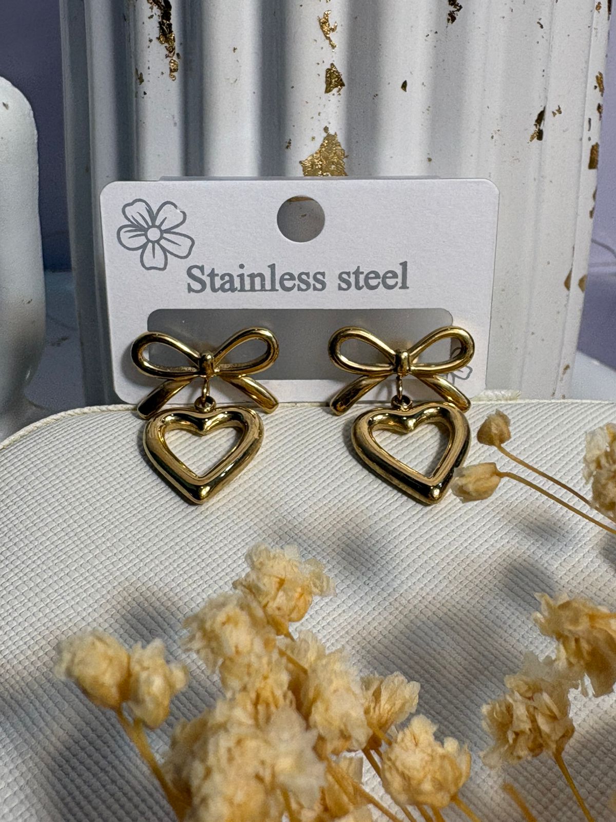 Gold Bow and Heart Drop Earrings