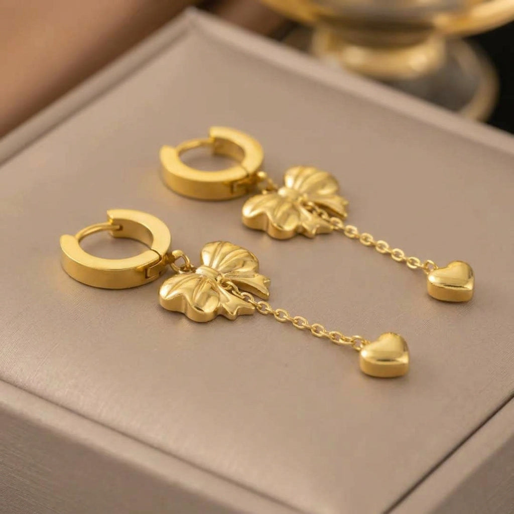 Bow and Heart Drop Huggie Studs